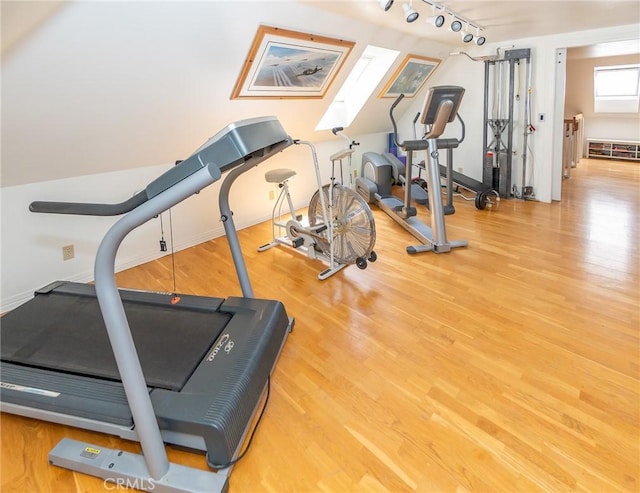 workout area featuring wood-type flooring and rail lighting