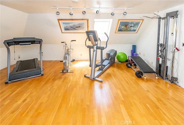 workout room with wood-type flooring and vaulted ceiling