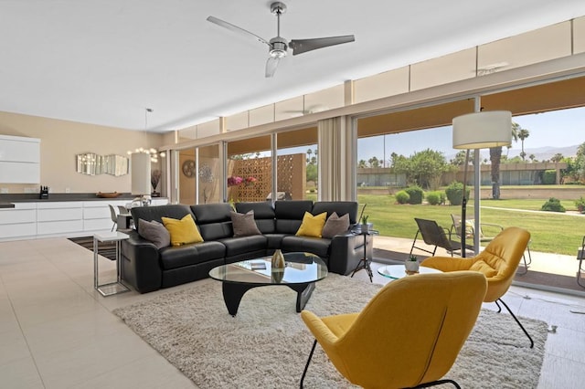 living room featuring ceiling fan