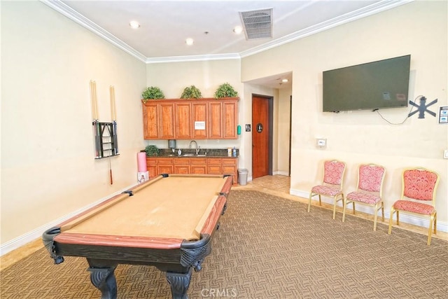 playroom with sink, billiards, crown molding, and light carpet