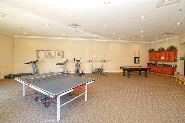 game room with carpet, billiards, sink, and crown molding