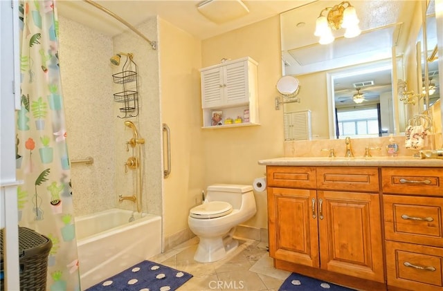 full bathroom with toilet, ceiling fan, vanity, shower / bath combo, and tile patterned floors