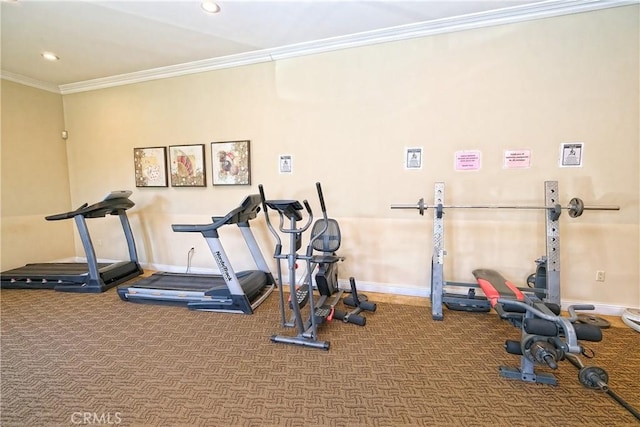 workout room with carpet flooring and ornamental molding