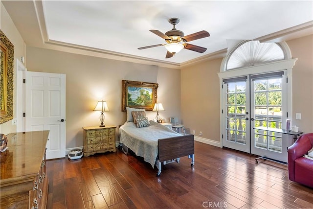 bedroom featuring french doors, access to outside, ceiling fan, and dark wood-type flooring