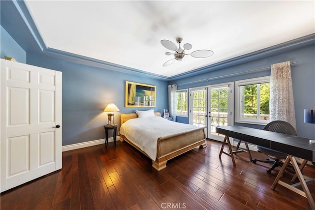 bedroom featuring access to exterior, ceiling fan, dark wood-type flooring, and ornamental molding