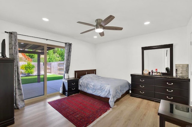 bedroom with access to exterior, ceiling fan, and light wood-type flooring