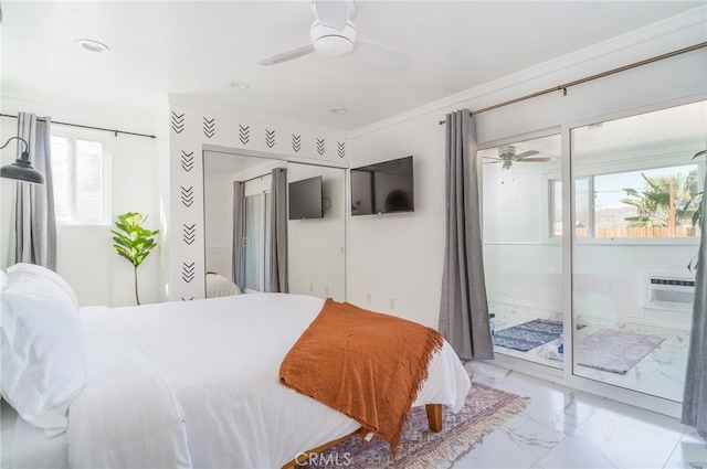 bedroom with ornamental molding, light tile patterned floors, access to exterior, and ceiling fan