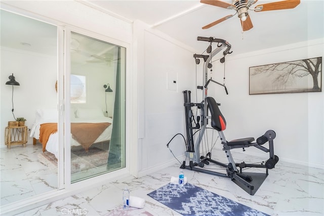 exercise room featuring crown molding, ceiling fan, and tile patterned floors