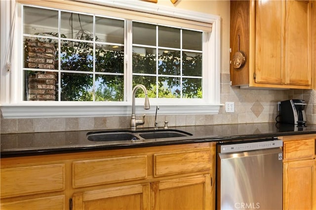 kitchen featuring dishwasher, dark countertops, a sink, and decorative backsplash