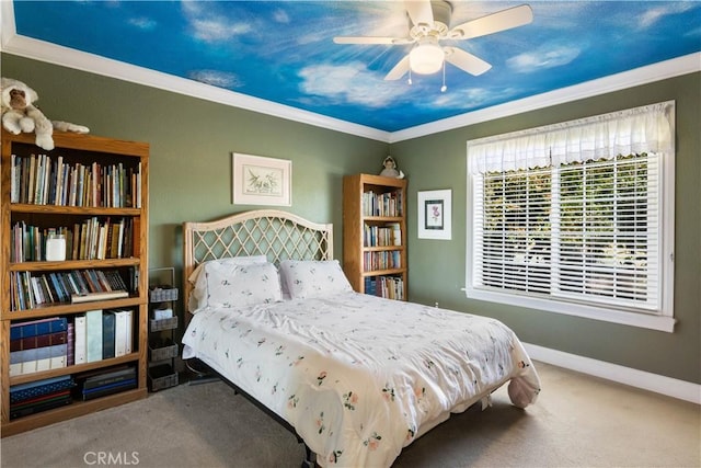 bedroom with carpet floors, baseboards, and ornamental molding