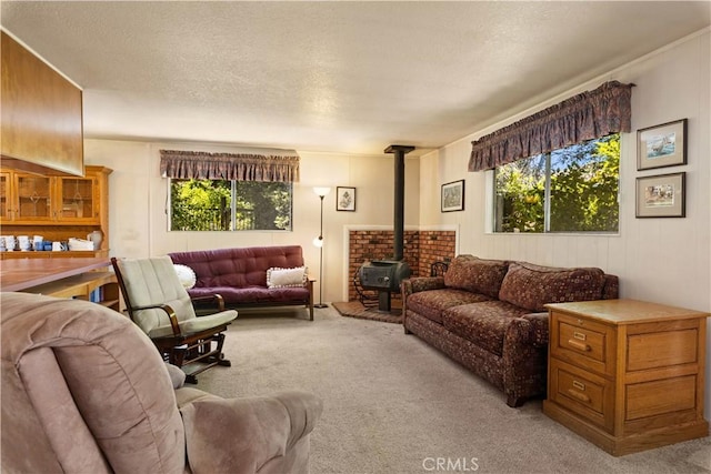 living room with a wood stove, a textured ceiling, and light colored carpet