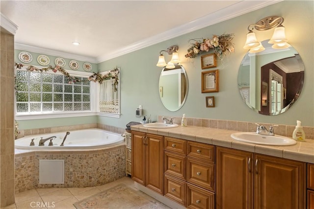 full bath featuring double vanity, ornamental molding, a sink, and tile patterned floors