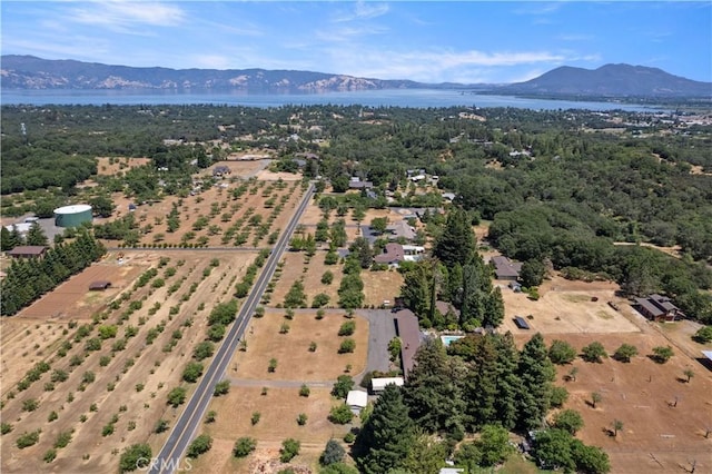 aerial view featuring a water and mountain view