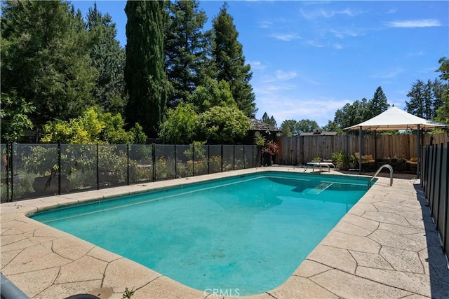 view of swimming pool featuring a fenced in pool, a fenced backyard, a patio, and a diving board