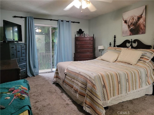 bedroom featuring ceiling fan, carpet flooring, and access to exterior