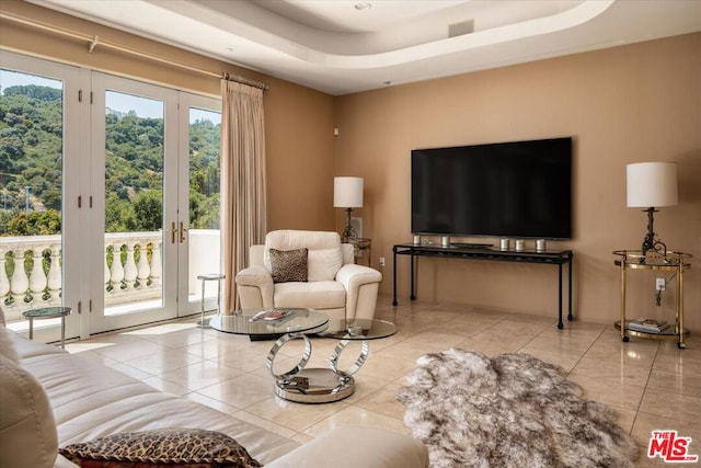 living area featuring a raised ceiling