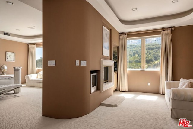 sitting room with carpet flooring and a tray ceiling