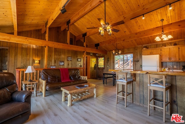 living room with vaulted ceiling with beams, rail lighting, light hardwood / wood-style flooring, and wood ceiling