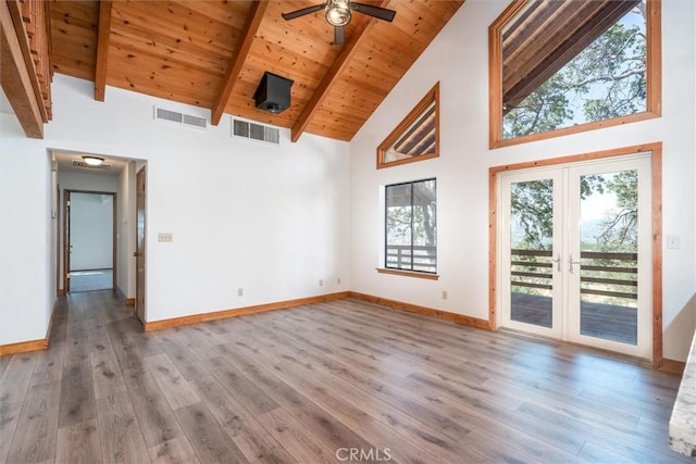 empty room featuring high vaulted ceiling, visible vents, beamed ceiling, and baseboards