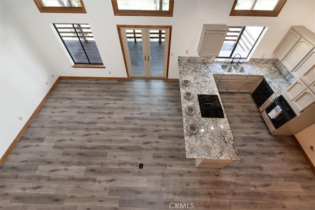 kitchen featuring baseboards, wood finished floors, light stone countertops, french doors, and a sink