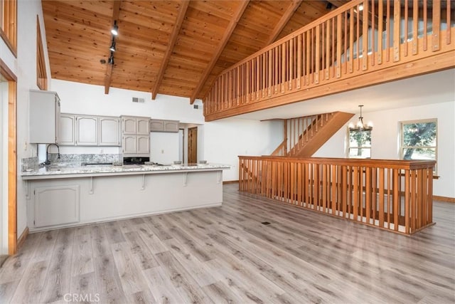 kitchen featuring visible vents, wooden ceiling, light wood-style flooring, high vaulted ceiling, and a chandelier