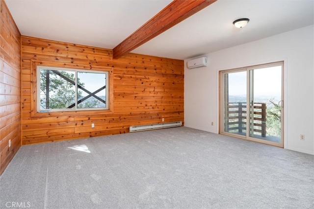 carpeted spare room featuring a wall unit AC, wooden walls, a baseboard heating unit, and beamed ceiling