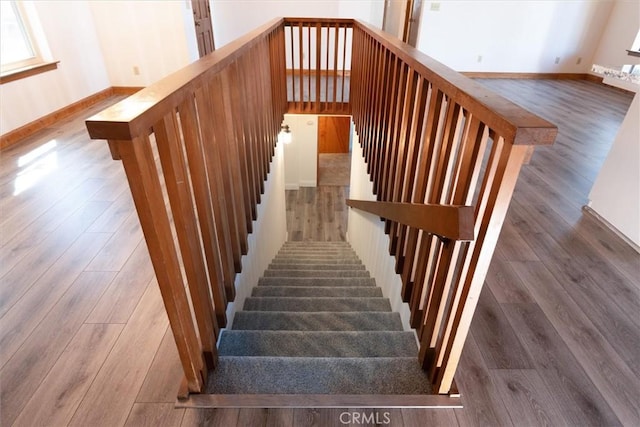 staircase with wood finished floors and baseboards