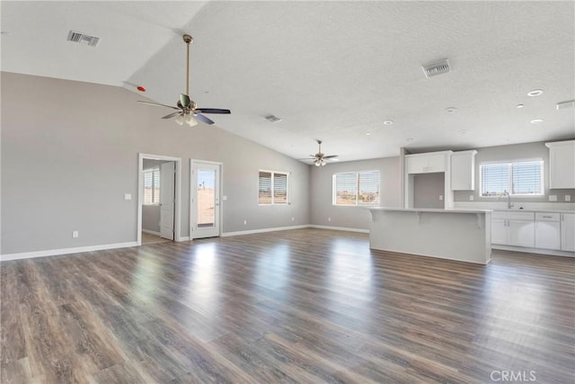 unfurnished living room featuring dark hardwood / wood-style floors, vaulted ceiling, and a healthy amount of sunlight