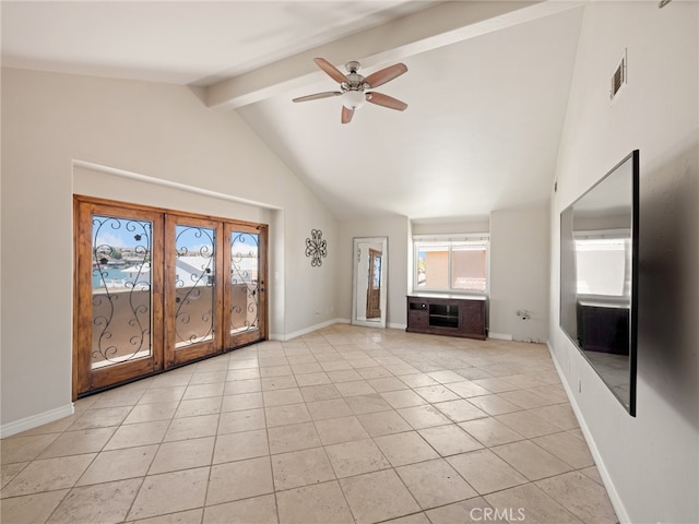 unfurnished living room with lofted ceiling with beams, light tile patterned flooring, and ceiling fan