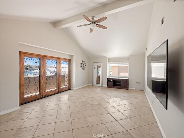 unfurnished living room featuring visible vents, ceiling fan, baseboards, light tile patterned flooring, and high vaulted ceiling