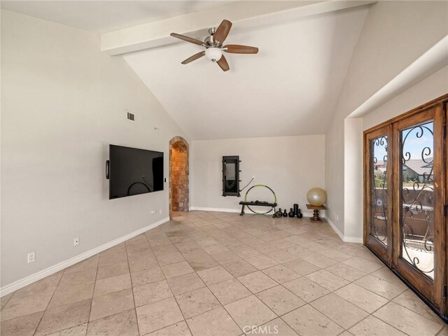 unfurnished living room featuring high vaulted ceiling, light tile patterned flooring, beam ceiling, and ceiling fan