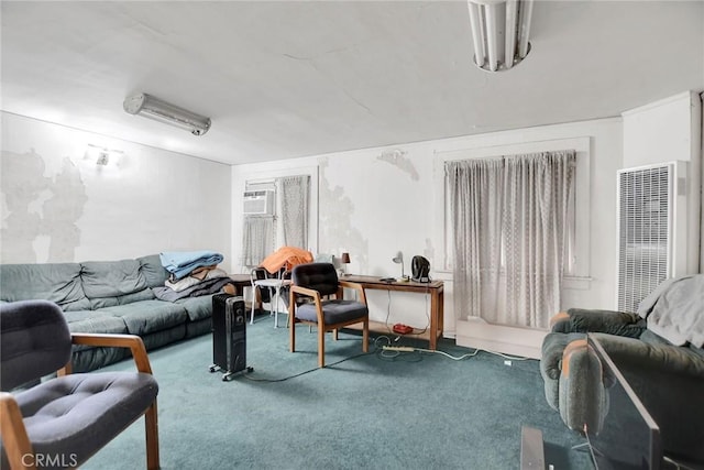 carpeted living room with a wall mounted air conditioner