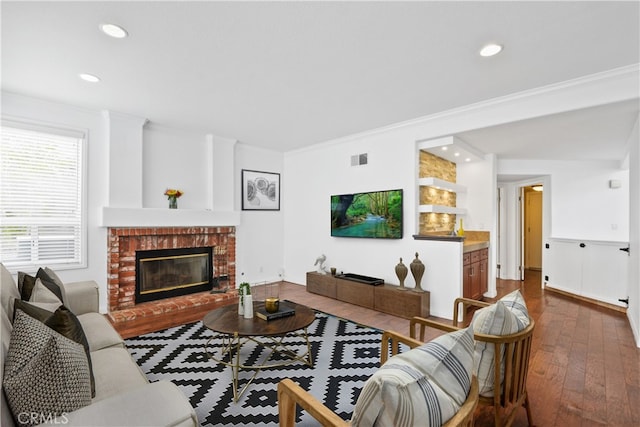 living room featuring dark wood-type flooring, ornamental molding, and a fireplace