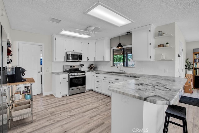 kitchen featuring light wood-type flooring, kitchen peninsula, appliances with stainless steel finishes, and pendant lighting