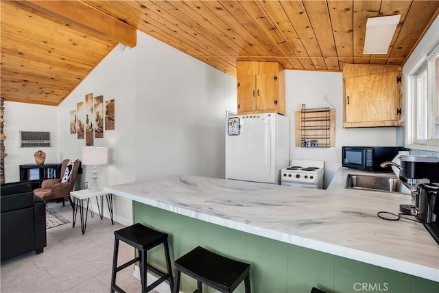 kitchen with vaulted ceiling, wood ceiling, sink, and white appliances