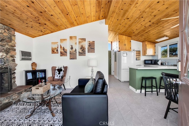 living room featuring a fireplace, vaulted ceiling, wooden ceiling, and light tile patterned floors