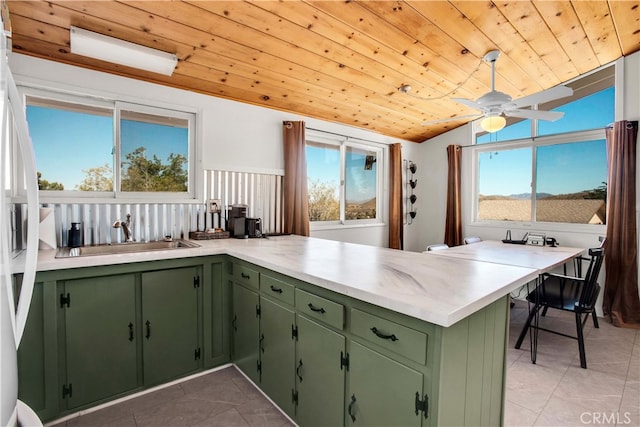 kitchen featuring wooden ceiling, ceiling fan, tile patterned floors, and green cabinetry