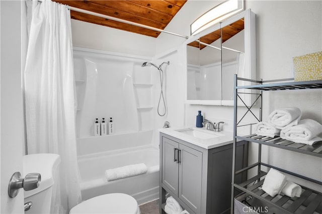 full bathroom featuring wooden ceiling, toilet, shower / bath combo with shower curtain, and vanity