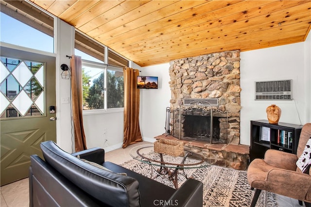 living room featuring wood ceiling, tile patterned flooring, a wall mounted AC, vaulted ceiling, and a fireplace