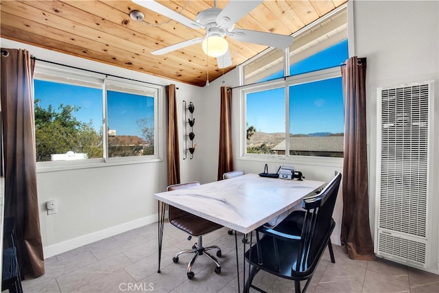 tiled office with ceiling fan, vaulted ceiling, and wooden ceiling