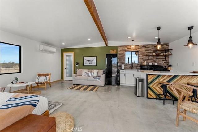 living room with vaulted ceiling with beams, a wall unit AC, and sink