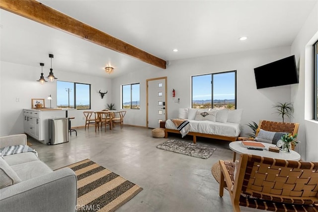 65154 Hoover Rd, Joshua Tree, CA 92252 - living room featuring recessed lighting, beam ceiling, and finished concrete flooring