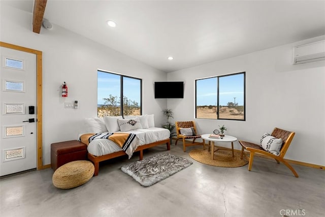 65154 Hoover Rd, Joshua Tree, CA 92252 - bedroom with finished concrete flooring, multiple windows, recessed lighting, and a wall mounted AC