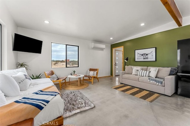 living room with a wall mounted air conditioner and lofted ceiling with beams