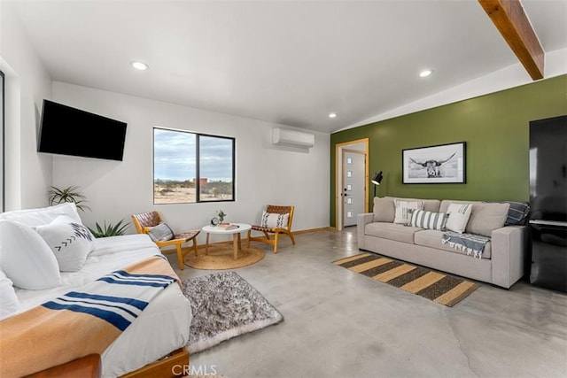 65154 Hoover Rd, Joshua Tree, CA 92252 - living room featuring a wall mounted air conditioner, finished concrete flooring, recessed lighting, and vaulted ceiling