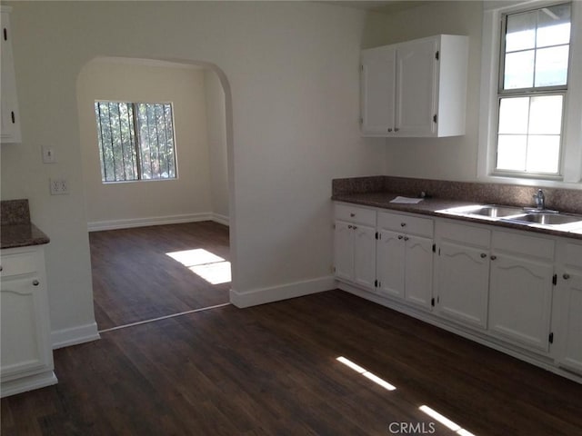 kitchen with white cabinets, dark wood-type flooring, and sink