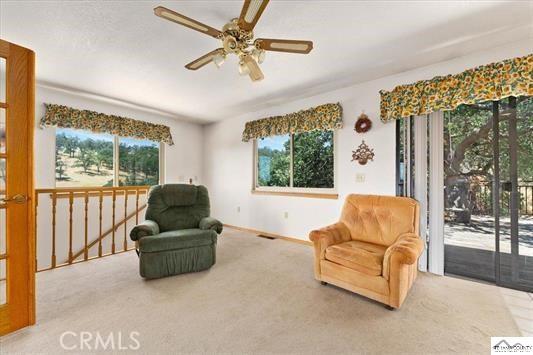 sitting room featuring carpet flooring, ceiling fan, and french doors