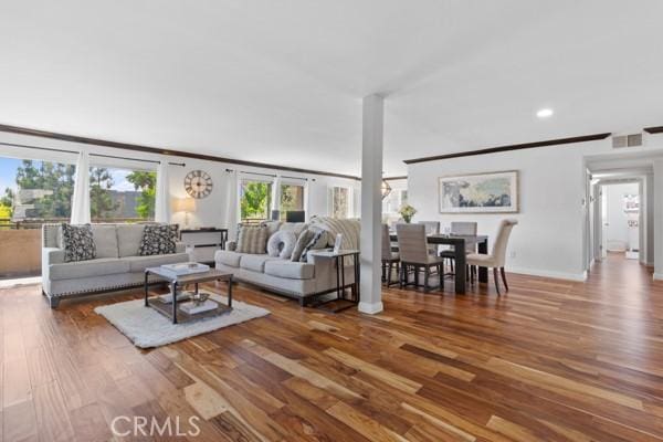 living room featuring crown molding and wood-type flooring