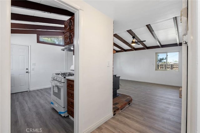 hall with vaulted ceiling with beams and dark hardwood / wood-style floors