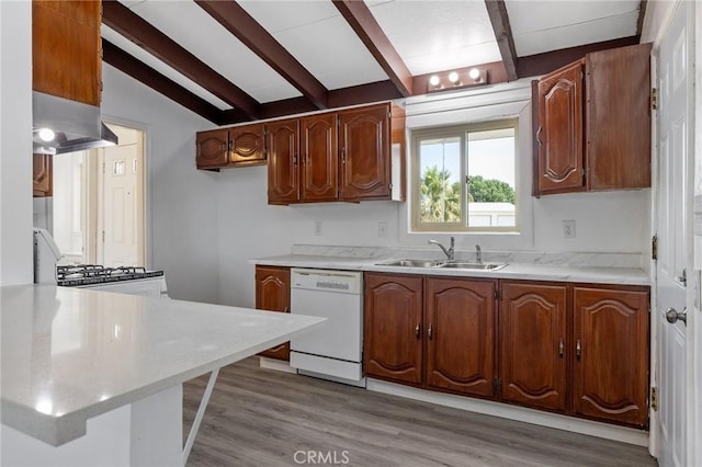 kitchen with dishwasher, lofted ceiling with beams, light hardwood / wood-style flooring, and sink